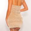 Champagne Embellished Rhinestone Studded Cut Out Mini Dress