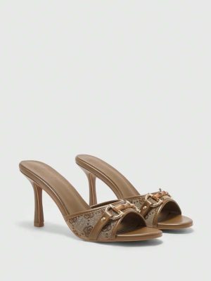 Brown Leather Mixed Gold Buckle Decor 3.5" High Heel Round Toe Retro Mule Sandals